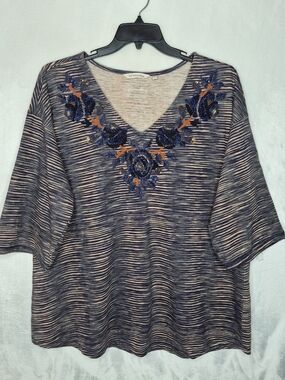 Soft Surroundings Mangata Floral Embroidered Beaded V-Neck Tunic Top Womens 1X
